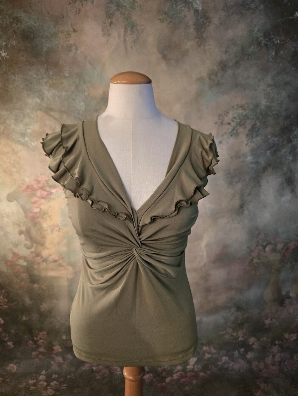Susan Lawrence Petites Y2K Vintage Green Ruffled Vneck Blouse PS